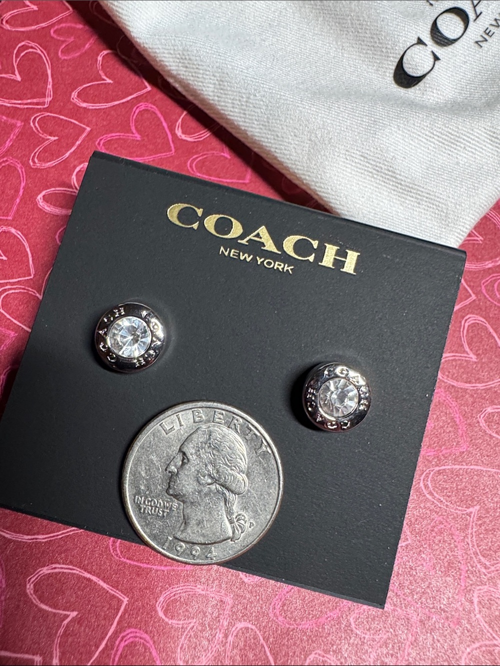 Coach Silver-Tone Crystal Center Stud Earrings with Drawstring Bag - Picture 4 of 9